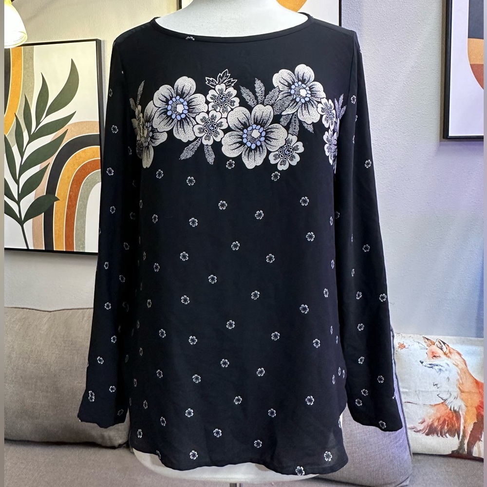 Anne Taylor Loft l Chiffon Black Long Sleeve l Granny-core Flowers l Work Outfit